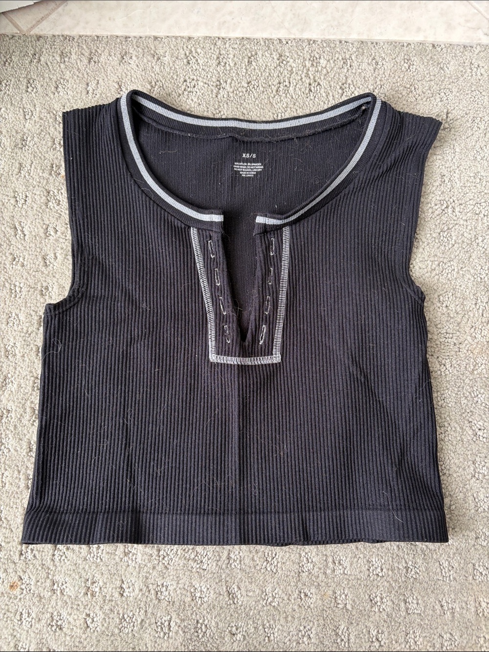 Three Bird Nest Black Ribbed Sleeveless Crop Top with Gray Trim